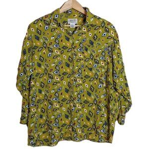 Vintage Brass‎ Plum Nordstrom Geometric Button Shirt Long Sleeve Rayon 80's